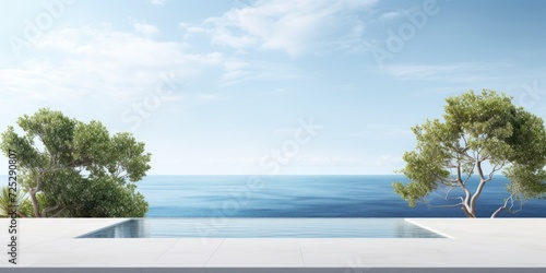 Blank canvas for customizing with product or text. Ocean view with trees and sky in the background.