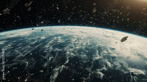 Digital illustration of an asteroid belt orbiting Earth, depicting a concept of space exploration and cosmic debris in a vast universe