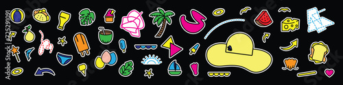 Colorful Summer stickers set in cartoon style. Summer holidays design elements - accessories, tropical plants, beach items and sports objects, etc. Vector illustration