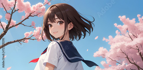 桜と制服の女性　卒業　春　受験　進学