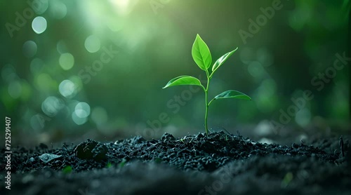 Young seedling growing in rich brown soil outdoors Generative AI