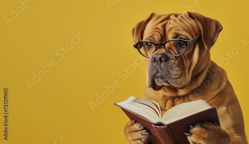 A dog in glasses reads a book on a yellow background