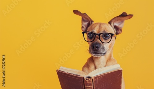 A dog in glasses reads a book on a yellow background