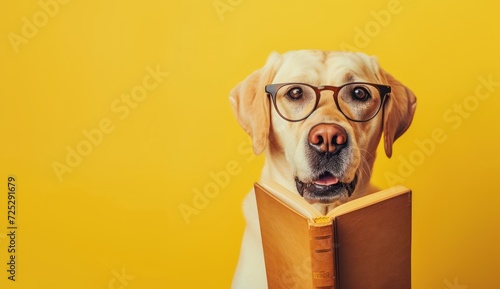 A dog in glasses with a book on a yellow background photo