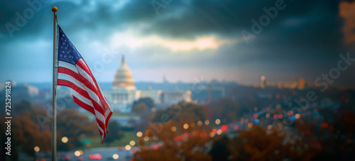 A flag stands in an American city with a view of the Capitol building photo