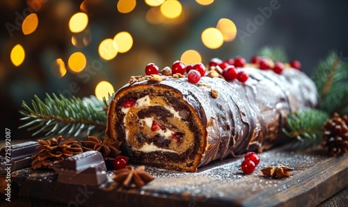 christmas log, traditional christmas cake, buche de noel, chocolate, pastry, decorated with christmas themed elements, family meal and tradition, light and christmas tree in the, Generative AI 