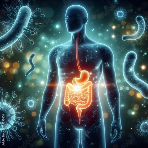 Human digestive system, 3D illustration. Enlarged gut bacteria floating in expanded microscope view