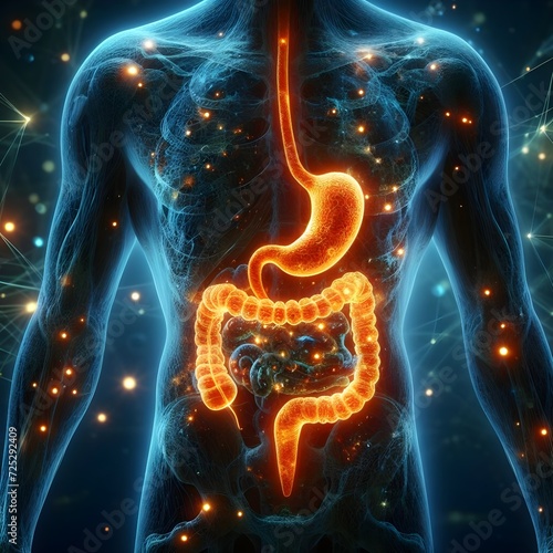 Human silhouette with glowing stomach gut  intestine, medical healthcare concept