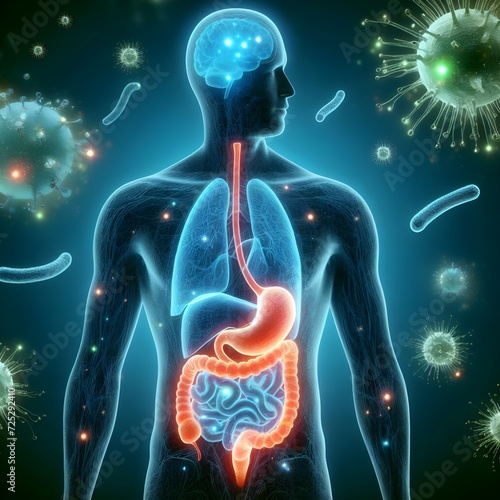 Human silhouette with glowing stomach brain connection and expanded microscopic view of gut bacteria germs microorganisms surrounding the human , medical  healthcare concept