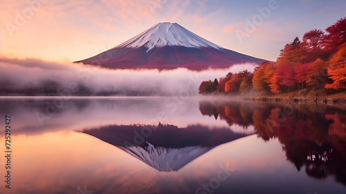 Colorful Autumn Season and Mountain Fuji with morning fog and red leaves at lake, forest river with stones on shores at sunset, Generative AI © HayyanGFX