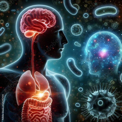 Human silhouette with glowing stomach brain connection and expanded microscopic view of gut bacteria germs microorganisms surrounding the human , medical  healthcare concept photo