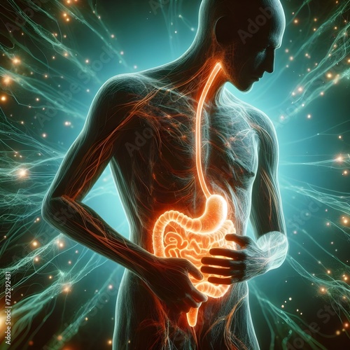 Human silhouette with glowing stomach gut  intestine, medical healthcare concept