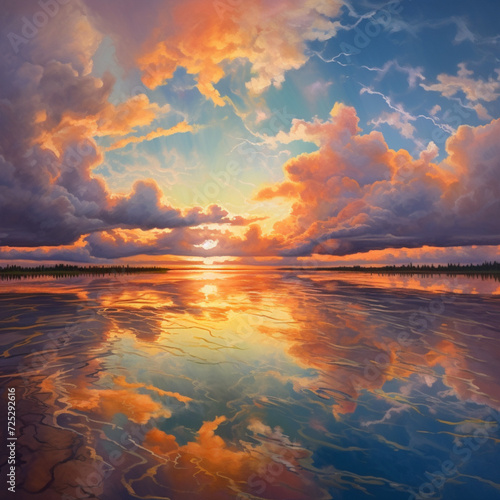 The sky in this painting is filled with a variety of fluffy clouds, creating a gorgeous scene. An image captured peacefully by AI that blends colors nicely, like a sunset