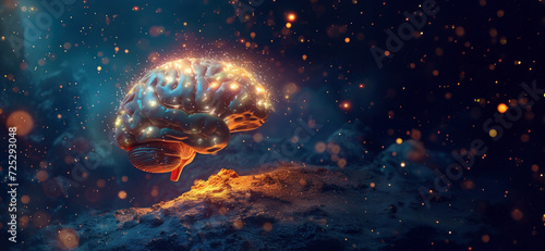 Brain surrounded by stars with glowing lights with copy space