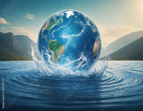 World Water Day. Banner concept for world water day decoration. Planet Earth, water splash, mountain landscape. Environmental protection and save earth water, Generate Ai. photo