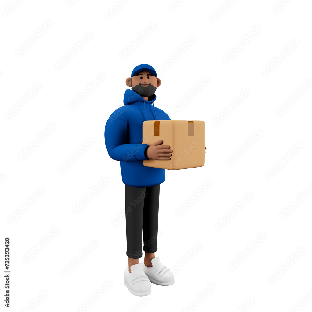 Happy delivery man with cardboard box .3d illustration. Happy delivery man with cardboard box .3d illustration.