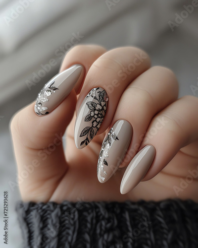 Hand with winter-themed Grey nail art