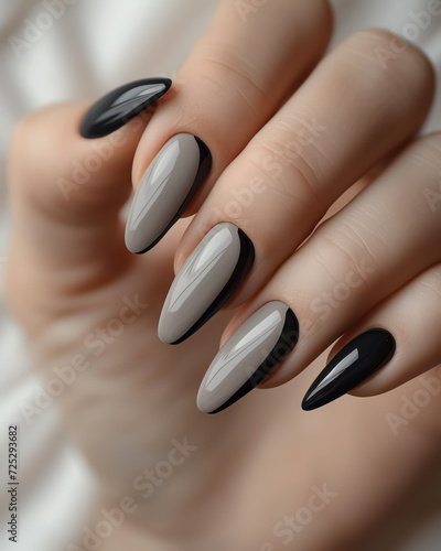 Female hands with beige nail design. Nail polish manicure. 