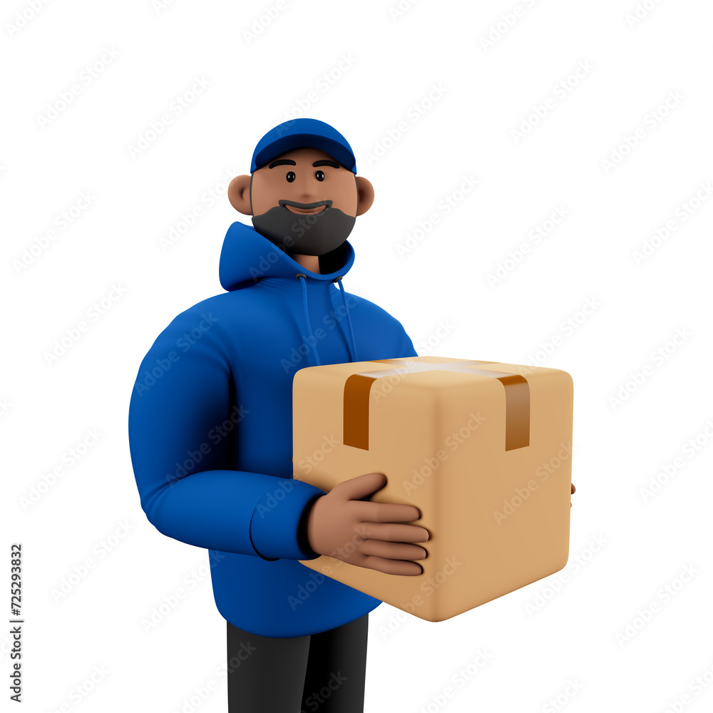 Happy delivery man with cardboard box .3d illustration. Happy delivery man with cardboard box .3d illustration.