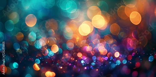 Multicolor bokeh, raining light, blurry lights, blurry background, rainbow confettis on a black background, colorful, night lights, city lights, haze, Generative AI 