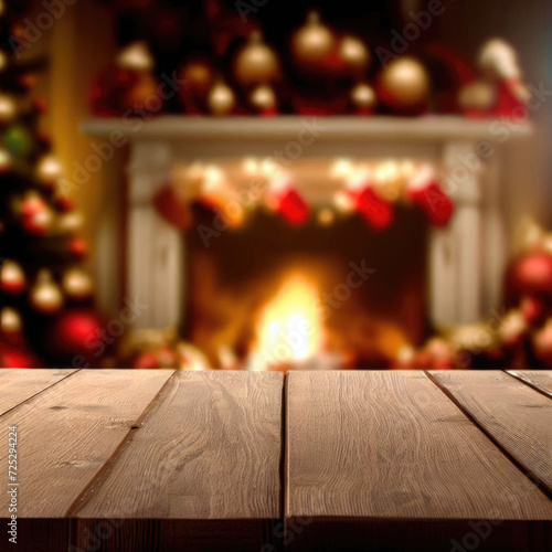 Empty wooden table on Christmas ornaments background with fireplace © ROKA Creative