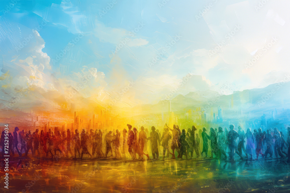 Panoramic illustration of people in front of a rainbow in oil painting style Panoramic illustration of people in front of a rainbow in oil painting style