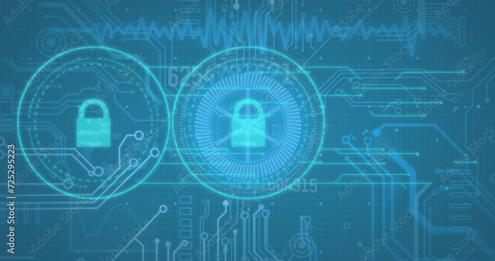 Obraz premium Image of padlock icons and data processing computer circuit board