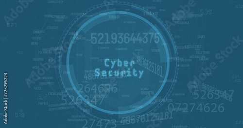 A digital cybersecurity concept is depicted on a blue background