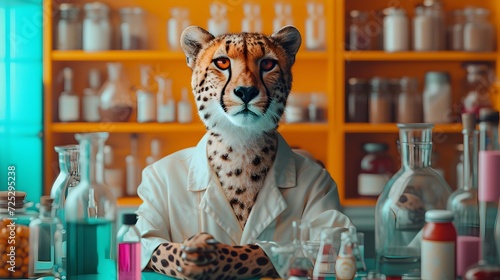 Cheetah in Laboratory with Glassware and Chemicals photo