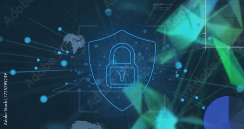 Image of padlock and data processing over globe and connections