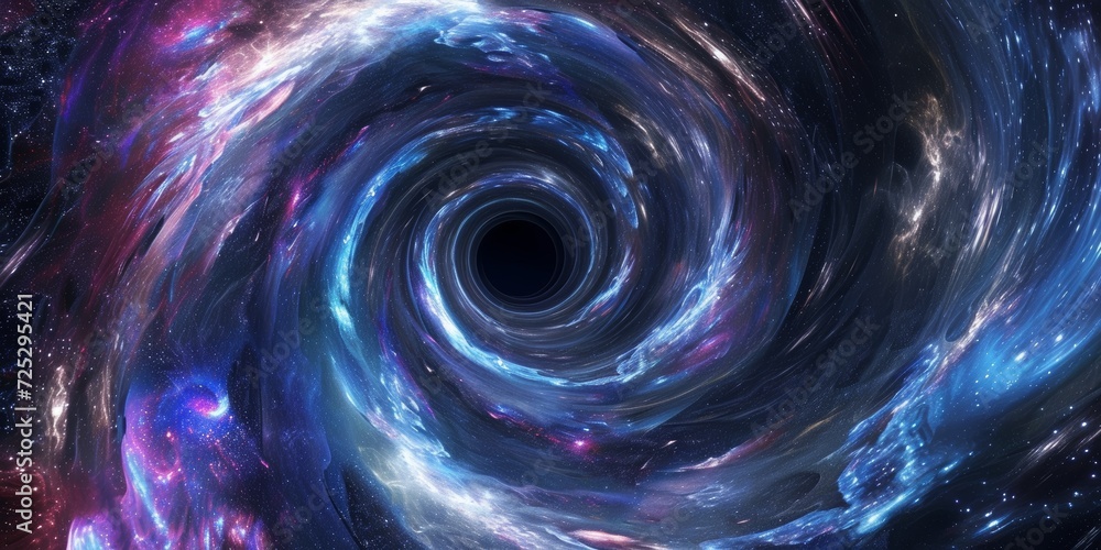 Cosmic black hole, with spiraling colors of blue, purple, and black, converging towards a central point