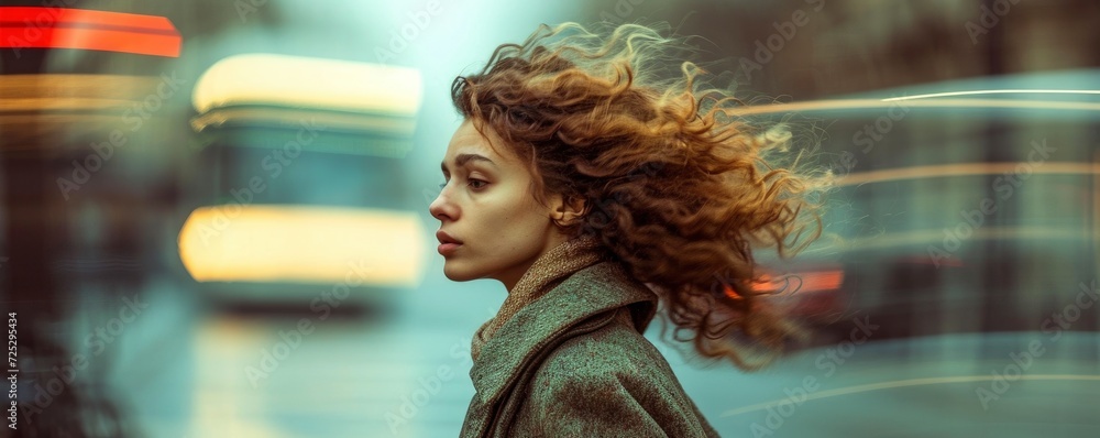 Fototapeta premium Portrait of a Beautiful Woman against blur City Background. Glamour girl fashion photo. copy space for text