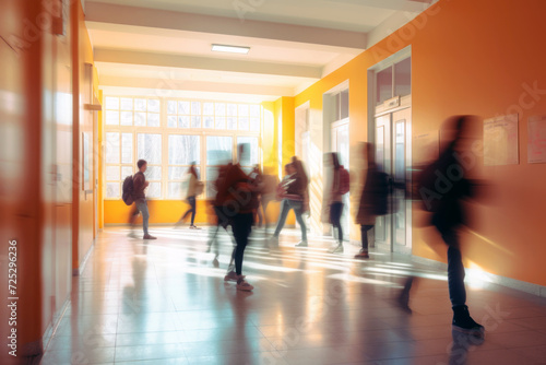 Students look at school corridors with blurred background