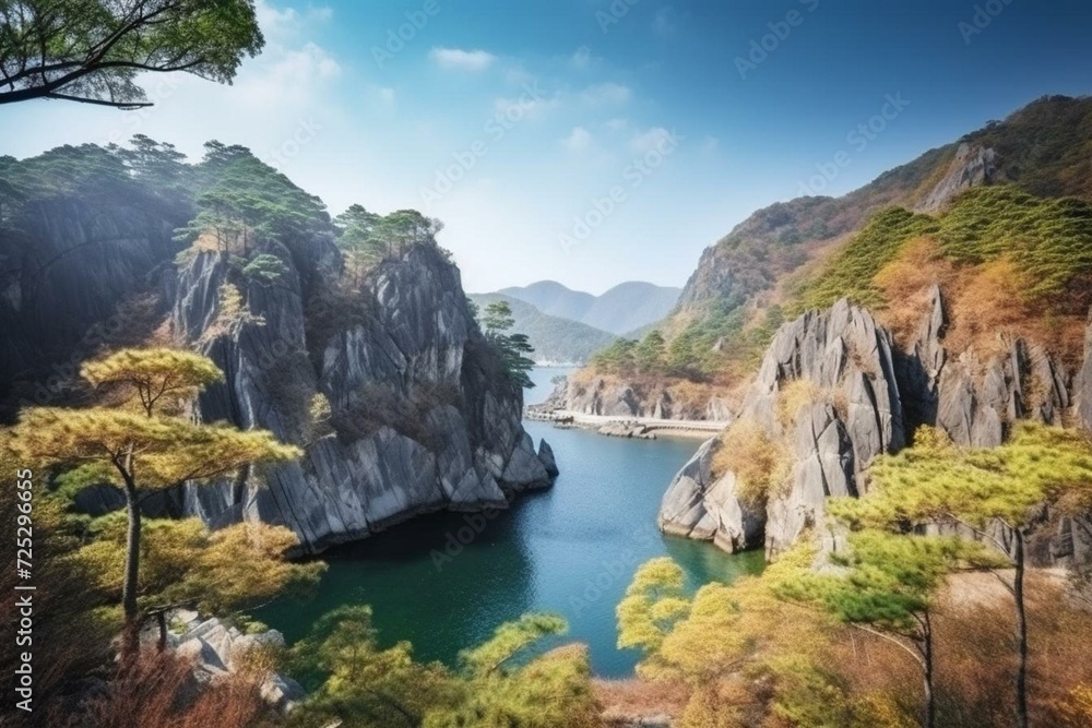 Scenic depiction of Hallasan National Park, a popular travel spot in South Korea. Generative AI