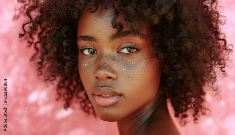 Young African woman with curly hair and makeup on a pink background Young African woman with curly hair and makeup on a pink background