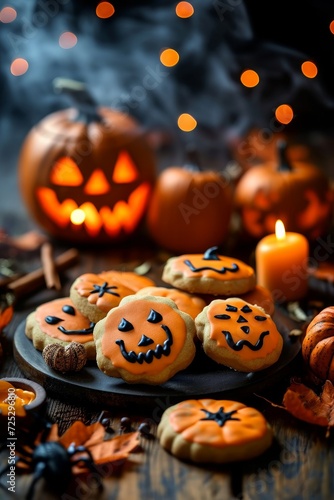 cookies and shortbreads with jack o lantern in the background, halloween treats, autumn cakes and sweets, halloween party, bakery, cookies cake and shortbread with pumpkin, Generative AI 