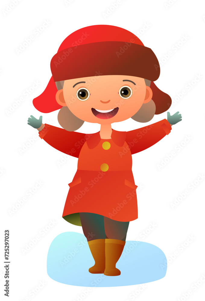 Girl and winter. Child in winter clothes. Fun frost. Winter clothes. Object isolated on white background. Cartoon fun style Illustration vector
