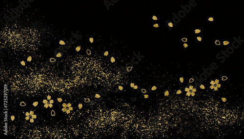 黒漆風の背景に金箔の桜と金砂子、和風の伝統工芸「蒔絵」のイメージ