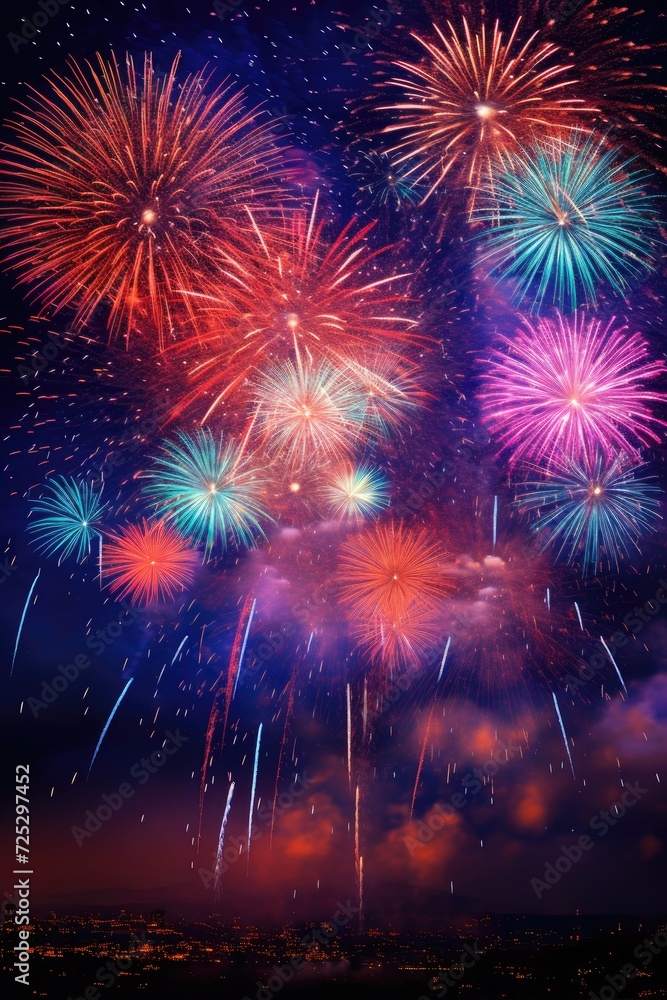 Colorful fireworks of various colors over night sky background