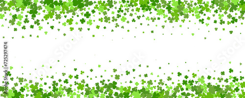 St. Patrick Day shamrock clover background. Vector border with flying green leaves for posters banners and greeting cards. photo