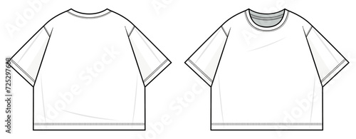 Classic T-shirt flat technical fashion illustration. Tee shirt vector template illustration. front and back view. XXL. Plus size. drop shoulder. unisex. white color. CAD mockup set.