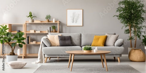 Contemporary Scandinavian living room with a grey sofa, plants, coffee table, carpet, and personal accessories in cozy home decor.