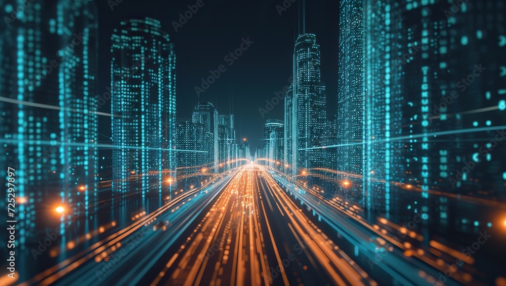 Night cityscape with digital data in the background, the concept of urban infrastructure and information technology. Night cityscape with digital data in the background, the concept of urban infrastructure and information technology.