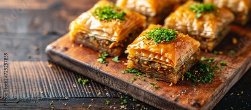 Closeup of delicious Turkish baklava with pistachio and walnut on rustic table, representing holiday desserts. photo