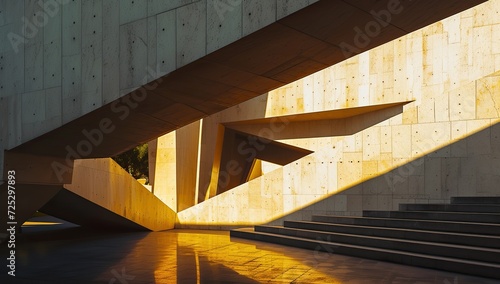 Modern architecture: steps and geometric shapes of a building against the backdrop of sunset. The concept of modern design and architecture.