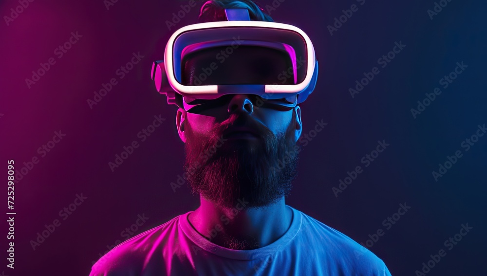 Man in virtual reality headset with backlighting. The concept of digital technology. Man in virtual reality headset with backlighting. The concept of digital technology.
