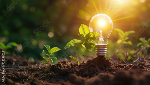 Lightbulb with sprout in soil against the sun. The concept of ecology.