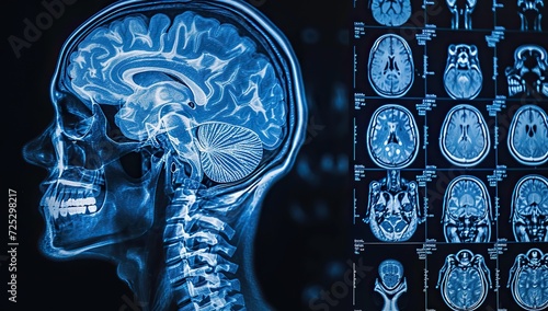 Medical X-ray image of a human head with the brain. The concept of diagnostics and neurology.