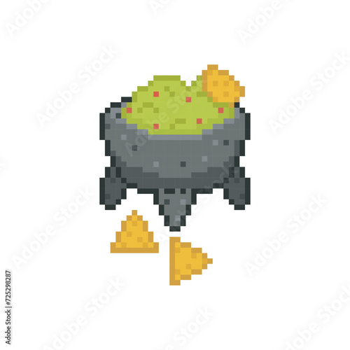 Molcajete with guacamole and nachos, pixel art foods