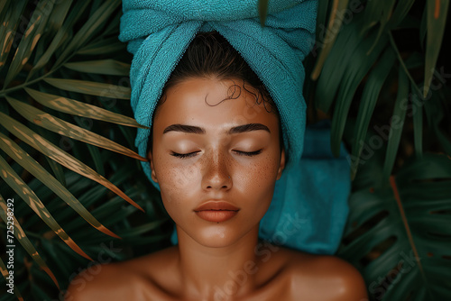 Young woman with closed eyes by placing a towel on her head and body in an infrared sauna.